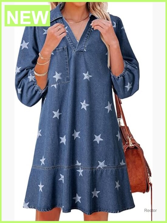 Dresses & Skirts - Denim Dress Women V Neck 3/4 Puff Sleeve Babydoll Jean Dress